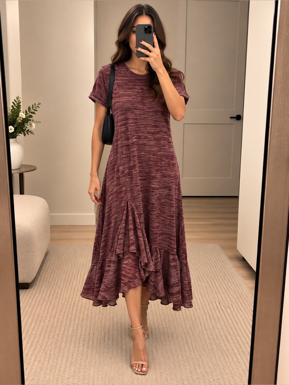 Women's Marled Burgundy Ruffle Hem Midi Dress